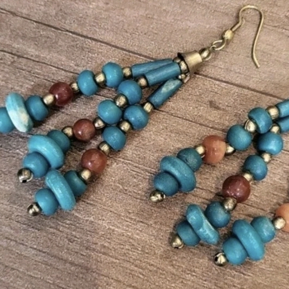 Vintage Turquoise Stone Beaded Cleopatra Statement Necklace & Earrings Set - Picture 7 of 12